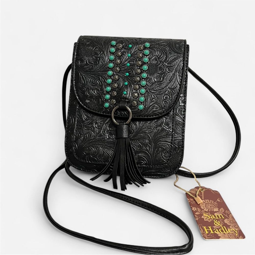 Sam & Hadley Western Boho Black Vegan Leather Crossbody Bag NWT